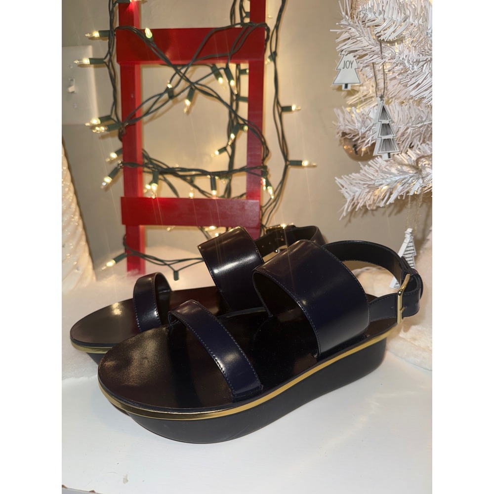 Marni Navy Leather Platform Sandals Made in Italy Gold Trim Buckle‎ Ankle Strap
